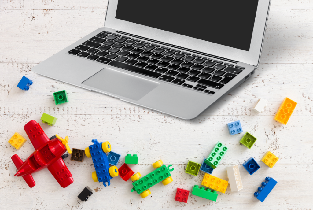 Remote work: laptop and strewn legos